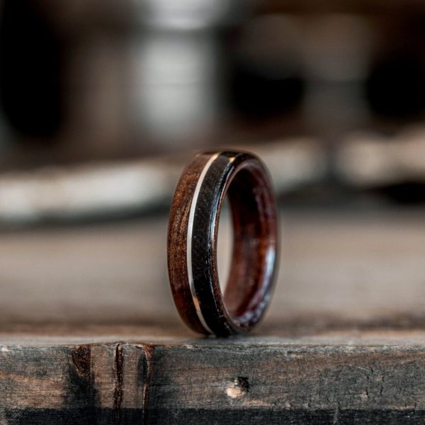 (In-Stock) The World War | Rifle Stock Wood Wedding Band with WWI Uniform & Sterling Silver Inlay - Size 4.75 | 6mm Wide For Cheap