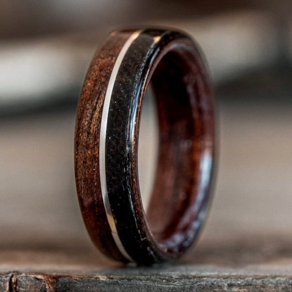 (In-Stock) The World War | Rifle Stock Wood Wedding Band with WWI Uniform & Sterling Silver Inlay - Size 4.75 | 6mm Wide For Cheap