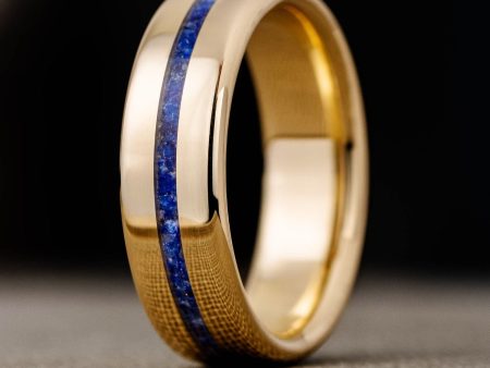 The Caspian | Men s Gold Wedding Band with Lapis Lazuli Center Inlay Sale