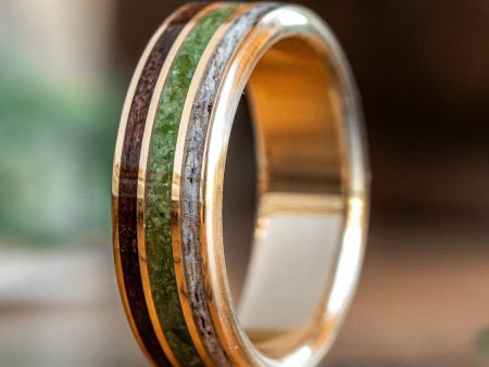 The Lore | Men s Gold Wedding Band with Elk Antler, Green Imperial Diopside & Antique Walnut Wood Online