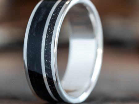 The Midnight Barrel in Silver | Men s Silver Wedding Band with Whiskey Barrel Wood & Meteorite For Discount