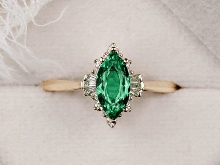 The Verdeline -  Green Emerald Marquise Engagement Ring with Natural Diamond Halo Online