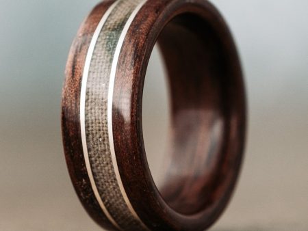 (In-Stock) Custom M1 Garand Rifle Stock Wood Wedding Band with Army Multicam Fabric and Dual Sterling Silver Inlays - Size 11.25 | 9mm Wide For Sale