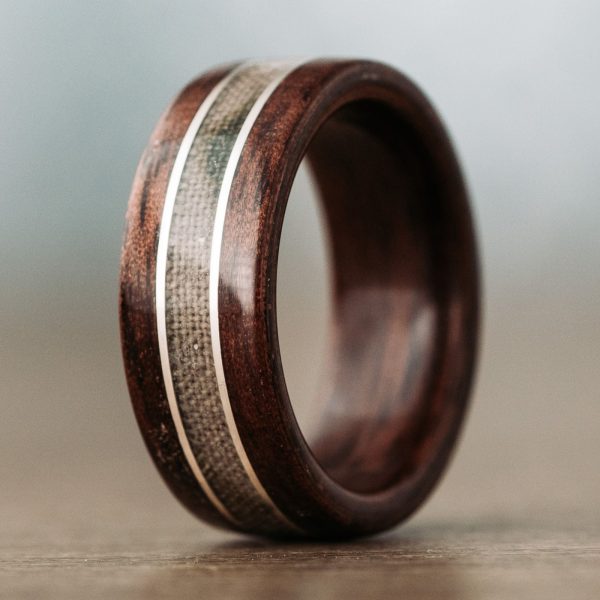 (In-Stock) Custom M1 Garand Rifle Stock Wood Wedding Band with Army Multicam Fabric and Dual Sterling Silver Inlays - Size 11.25 | 9mm Wide For Sale