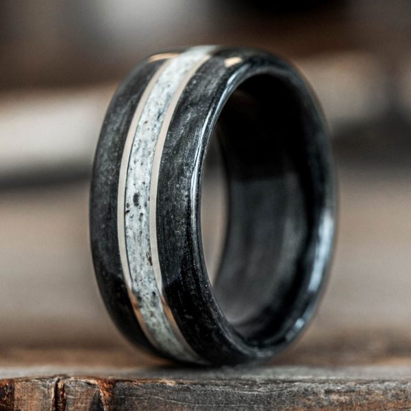 (In-Stock) The Frontiersman | Men s Whiskey Barrel & Elk Antler Wedding Band with Dual 14k White Gold Inlays - Size 7 | 9mm Wide For Cheap