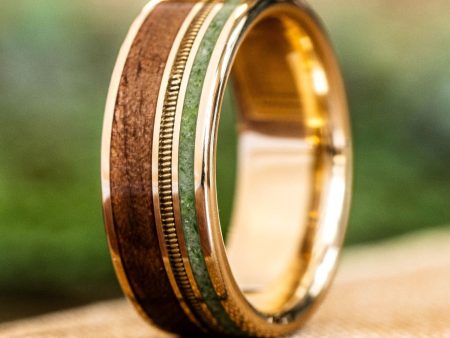 The Wayfarer | Men s Gold Wedding Band with Guitar String, Green Imperial Diopside & 1903 Springfield Rifle Stock Wood on Sale