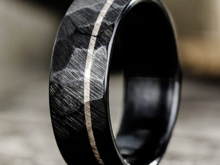 The Apollo Noir | Men s Hammered Black Titanium Wedding Band with Offset Inlay For Cheap