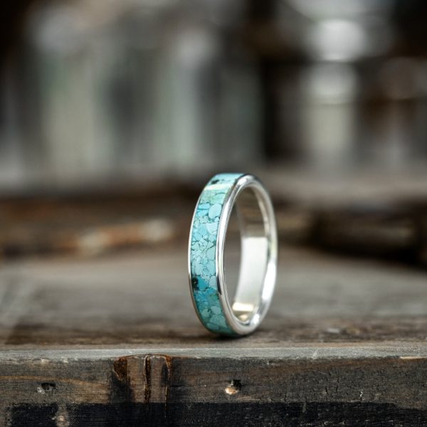 The Open Sky | Men s Turquoise and Silver Wedding Band - Wide Channel Hot on Sale