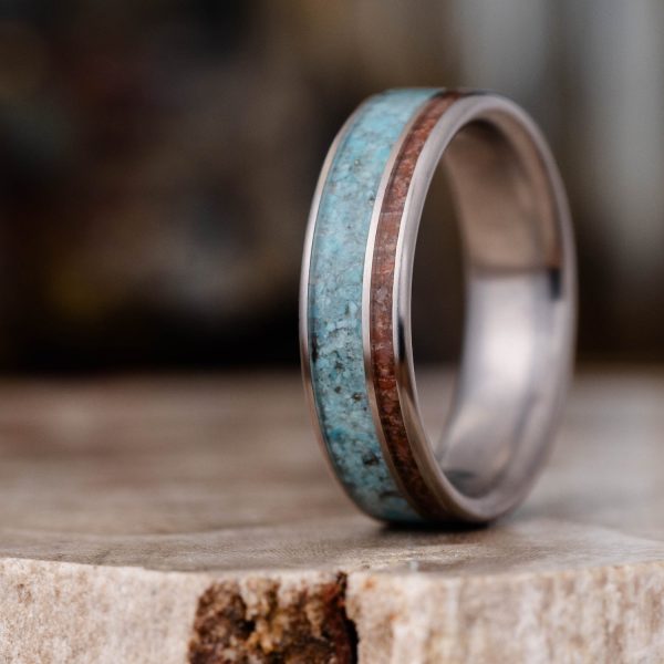 (In-Stock) Custom Men s Titanium Wedding Band with Turquoise and Dinosaur Bone - Size 8.75 | 6mm Wide Online