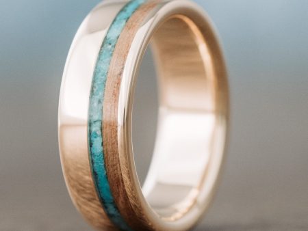 (In-Stock) Men s 10k Yellow Gold Wedding Band with Whiskey Barrel Wood and Turquoise - Size 10.75 | 8mm Wide Online Sale