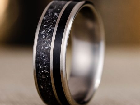 The Dark Star | Men’s Titanium Wedding Band with Black Meteorite & Whiskey Barrel Wood Online Sale