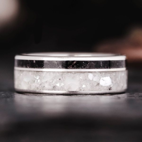 The Cove | Men s Silver Wedding Band with Obsidian and Mother of Pearl Hot on Sale