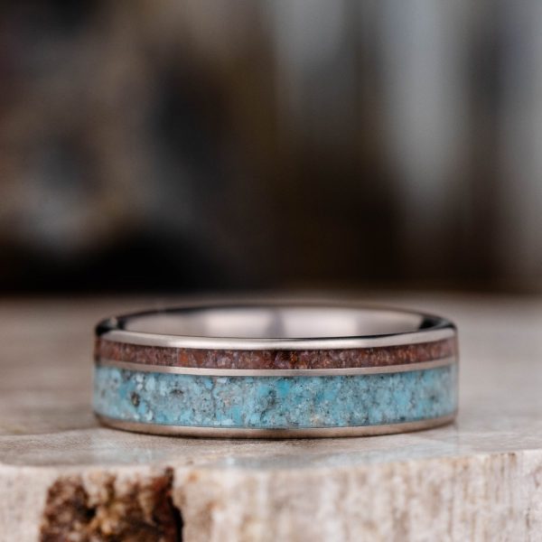 (In-Stock) Custom Men s Titanium Wedding Band with Turquoise and Dinosaur Bone - Size 8.75 | 6mm Wide Online