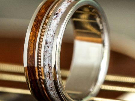 The Pioneer | Men s Gold Wedding Band with Guitar String, Elk Antler & USS North Carolina Battleship Teak Wood Cheap