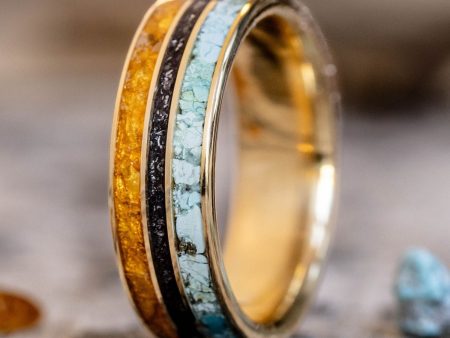 The Cascade | Men s Gold Wedding Band with Meteorite Dust, Turquoise & Fossilized Amber Online now