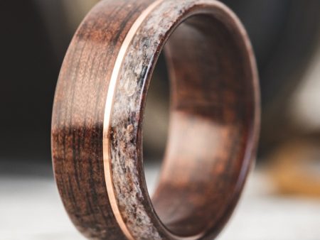 The High Country | Men s Antique Walnut Wood Wedding Band with Elk Antler & Offset Metal Inlay For Cheap