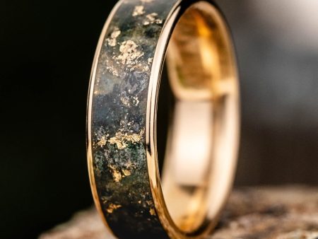 The Shenandoah | Men s Gold Moss Agate Wedding Band with Gold Flakes - Wide Channel Cheap