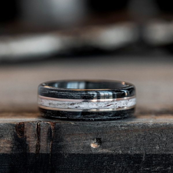 (In-Stock) The Frontiersman | Men s Whiskey Barrel & Elk Antler Wedding Band with Dual 14k White Gold Inlays - Size 7 | 9mm Wide For Cheap