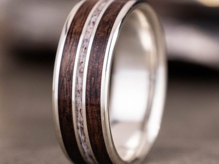 The Stag in Silver | Men s Silver Elk Antler Wedding Band with Walnut Wood Sale