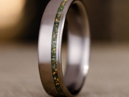 The Fairbanks | Men s High Polish Titanium Wedding Band with Green Imperial Diopside & Gold Flakes Offset Inlay Discount