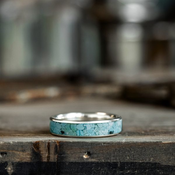 The Open Sky | Men s Turquoise and Silver Wedding Band - Wide Channel Hot on Sale