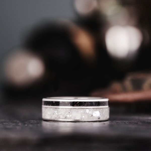 The Cove | Men s Silver Wedding Band with Obsidian and Mother of Pearl Hot on Sale