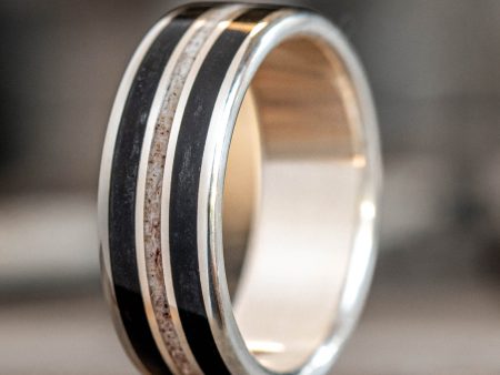 The Frontiersman in Silver | Men s Silver Wedding Band with Whiskey Barrel Wood & Elk Antler Online Hot Sale