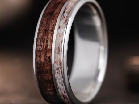 The High Country | Men s Silver Wedding Ring with Elk Antler & Antique Walnut Wood Online now