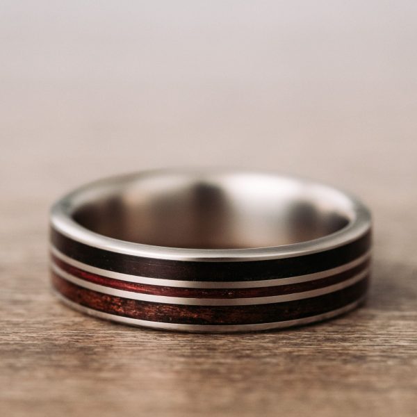 (In-Stock) Custom Titanium Wedding Band with Rosewood, Purpleheart Wood, & Antique Walnut - Size 12.25 | 7mm Wide Fashion