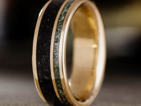 The Rune | Men s Gold Wedding Band with Moss Agate & Obsidian Online now