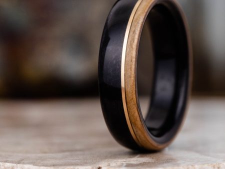 (In-Stock) The Highball Men s Wooden Whiskey Barrel Ring with 14k Yellow Gold Inlay - Size 9.75 | 6mm Wide Sale