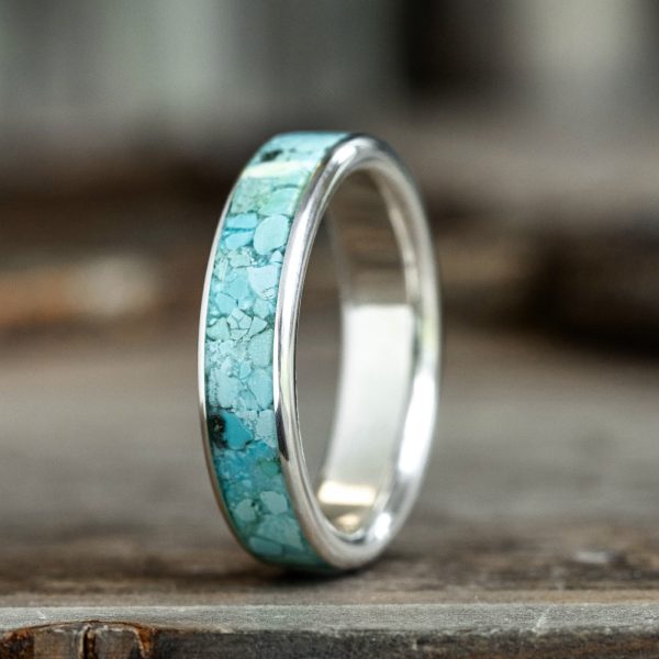 The Open Sky | Men s Turquoise and Silver Wedding Band - Wide Channel Hot on Sale