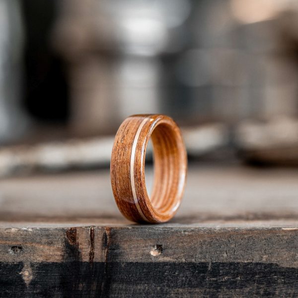 (In-Stock) The USS New Jersey | Men s Battleship Teak Wood Wedding Band with Whiskey Barrel Liner & 14k Yellow Gold Inlay - Size 7 | 7mm Wide For Cheap