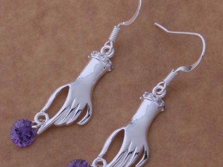 Earrings hand shaped hand therapy jewelry  silver plating with lilac gem Supply