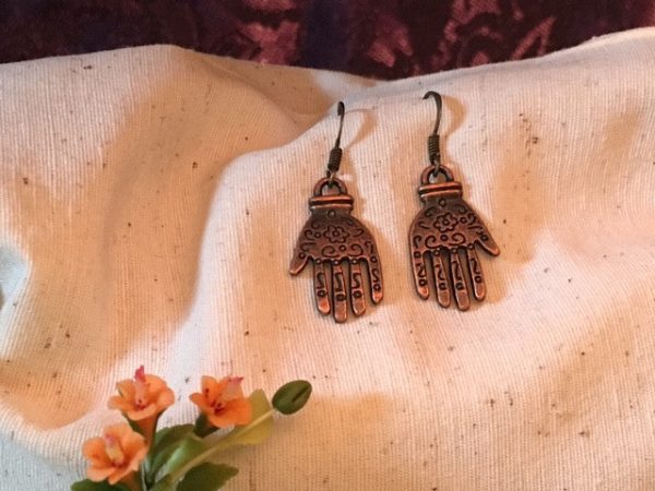 Earrings hand shaped hand therapy jewery brown squiggles flower center Sale