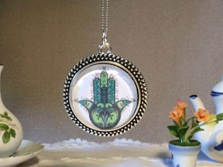 Necklace Glass Dome beautiful green Hamsa print Cheap