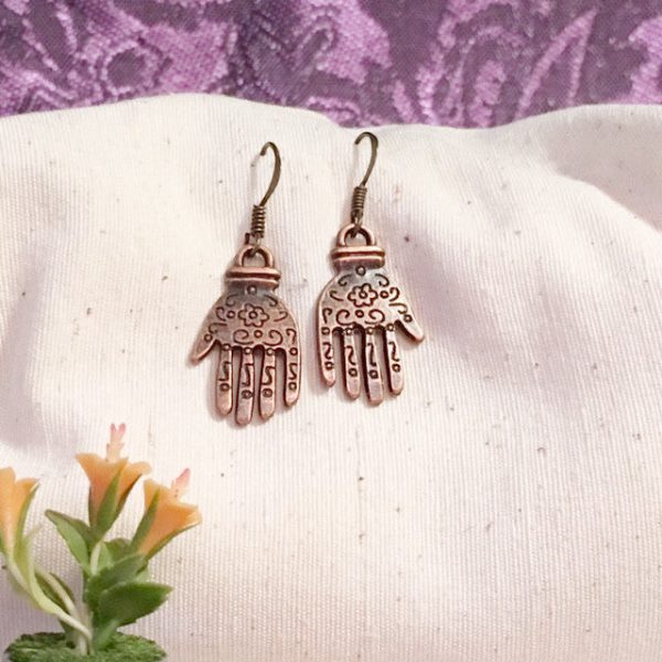 Earrings hand shaped hand therapy jewery brown squiggles flower center Sale