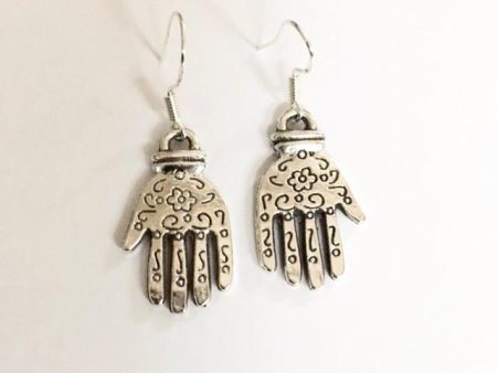 Earrings Hand Shaped  hand therapy jewelry silver hands with center flower and squiggles Discount