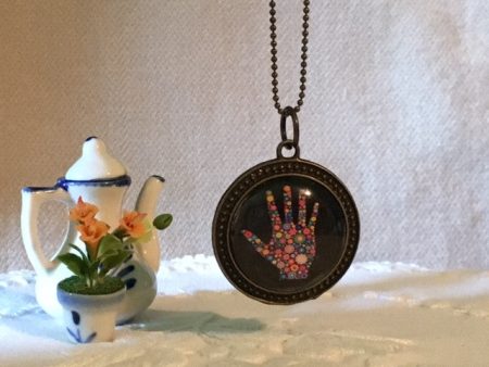 Necklace Glass dome  hand therapy jewelry flowered hand print Supply